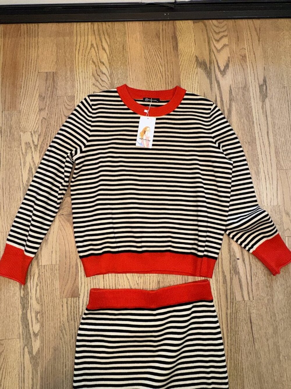 NWT PrettyGarden Black Cream Striped Knit Sweater and Midi Skirt Set Size M